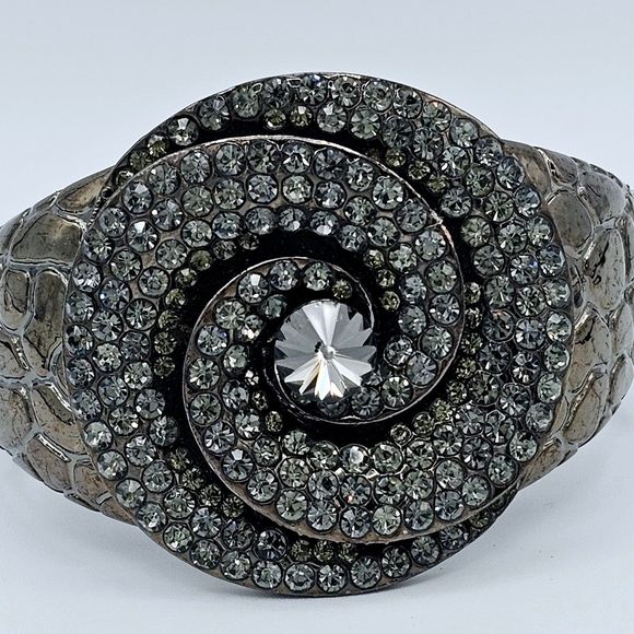 Statement Bracelet Pave Rhinestone Floral Swirl Gem Gun Metal Reptile Print Cuff - Picture 2 of 11